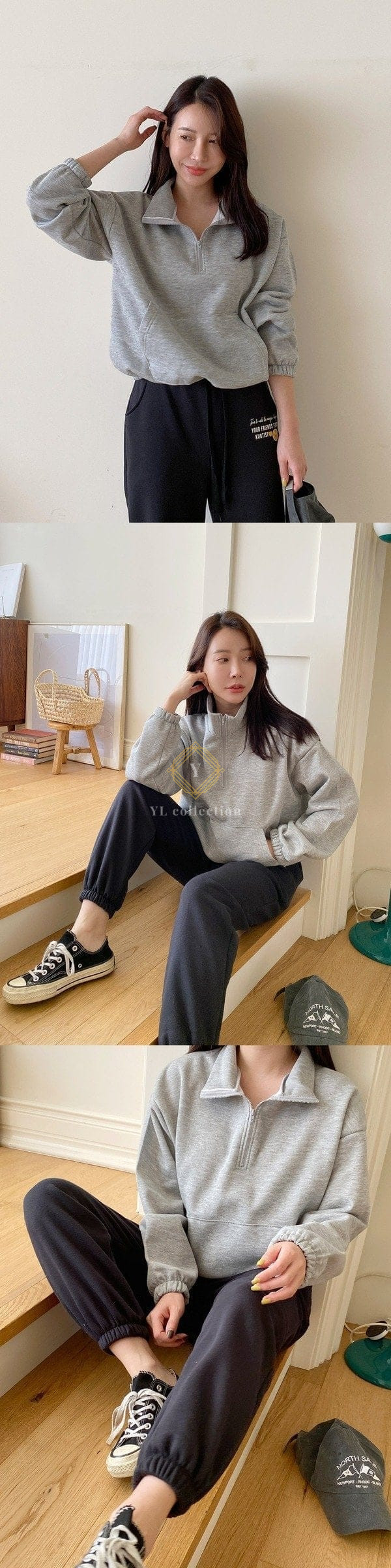 여성 기모 루즈핏 반집업 긴팔 티셔츠