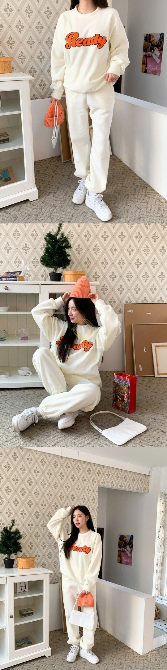 여성 지트닌 오버핏 폴라폴리스 기모 자수 맨투맨 밴딩 조거 팬츠 세트