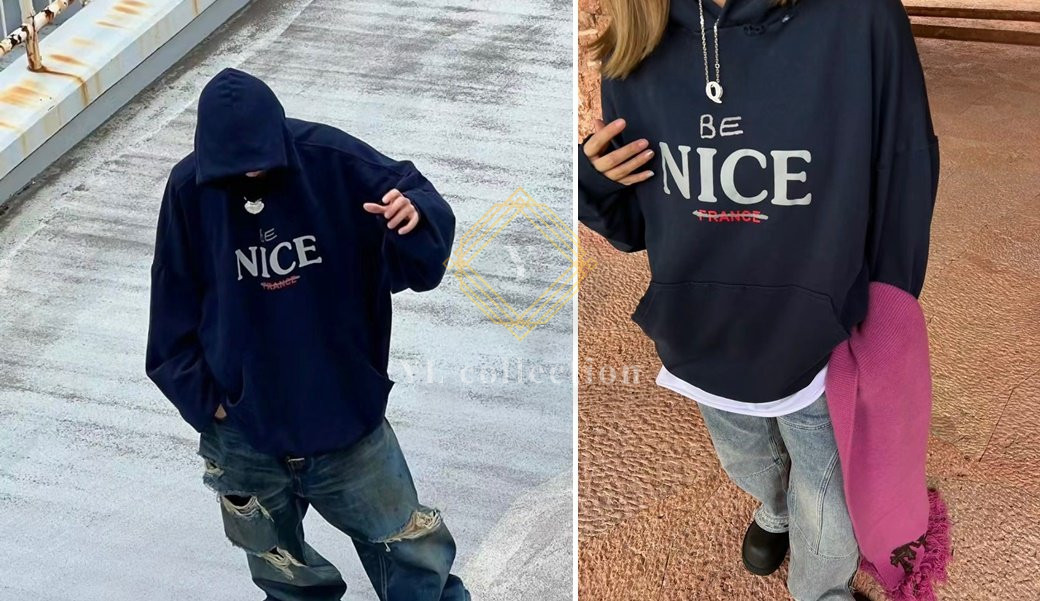 발렌시아가 로고 후드 티셔츠 마린블루