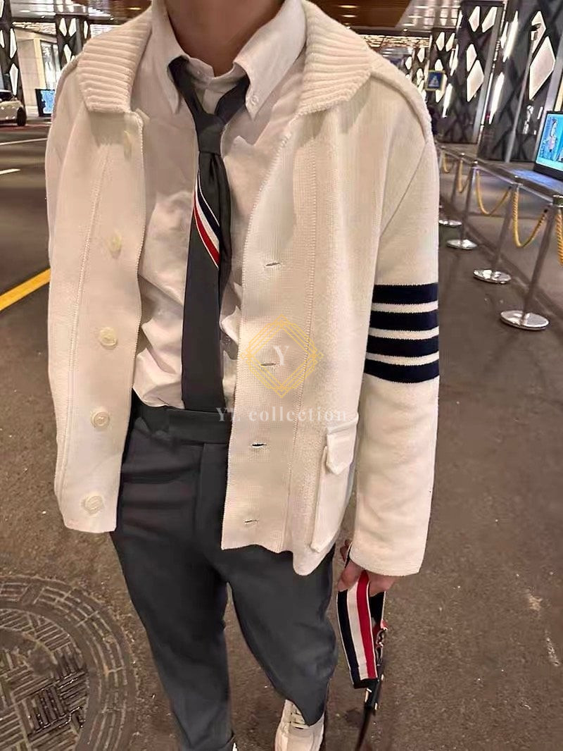 톰브라운 인터락 코튼 사선 폴로 칼라 자켓 화이트