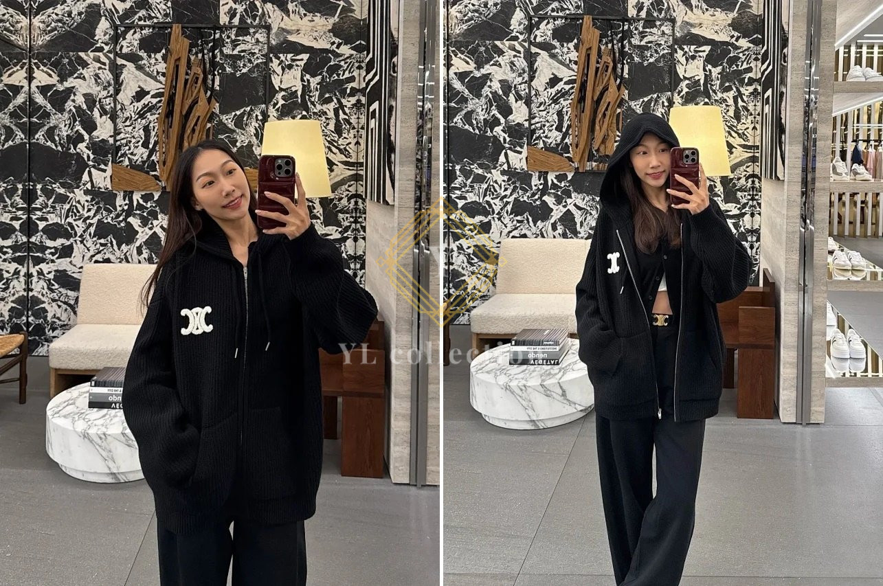 셀린느 트리오페 로고 니트 후드 집업 자켓