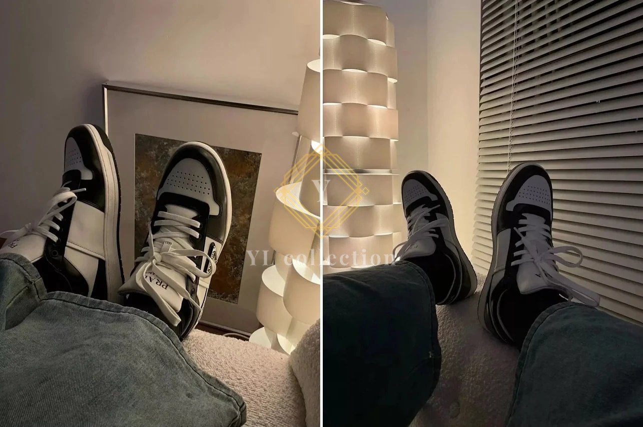 프라다 다운타운 레더 스니커즈 화이트 블랙