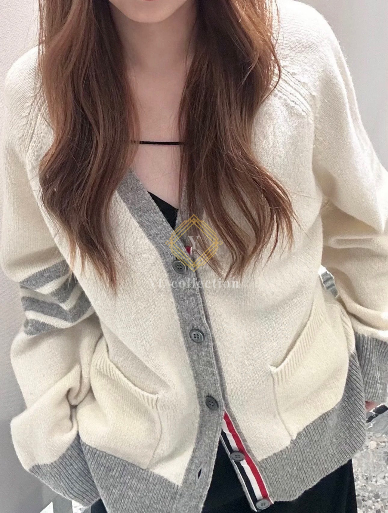 톰브라운 셰틀랜드 울 래글런 사선 브이넥 가디건