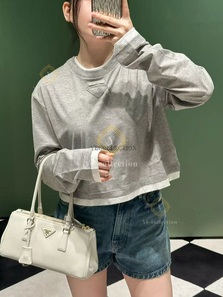 프라다 롱 슬리브 코튼 저지 티셔츠