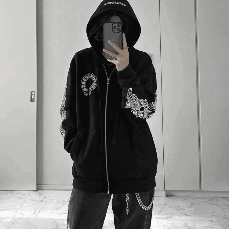 크롬하츠 홀스슈 플로랄 크로스 후드집업