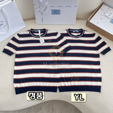 프라다 스트라이프 크루넥 코튼 스웨터 네이비 블루 내츄럴